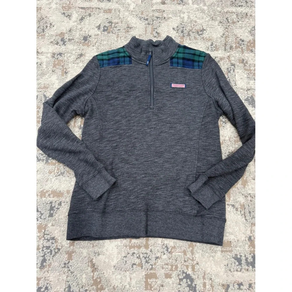 Vineyard Vines Mens Small Gray Plaid Shoulder Patch Quarter Zip Pullover Sweater